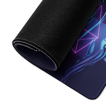 A rolled-up black gaming mousepad with a neon purple and blue geometric design featuring an anime-style vaporwave goddess