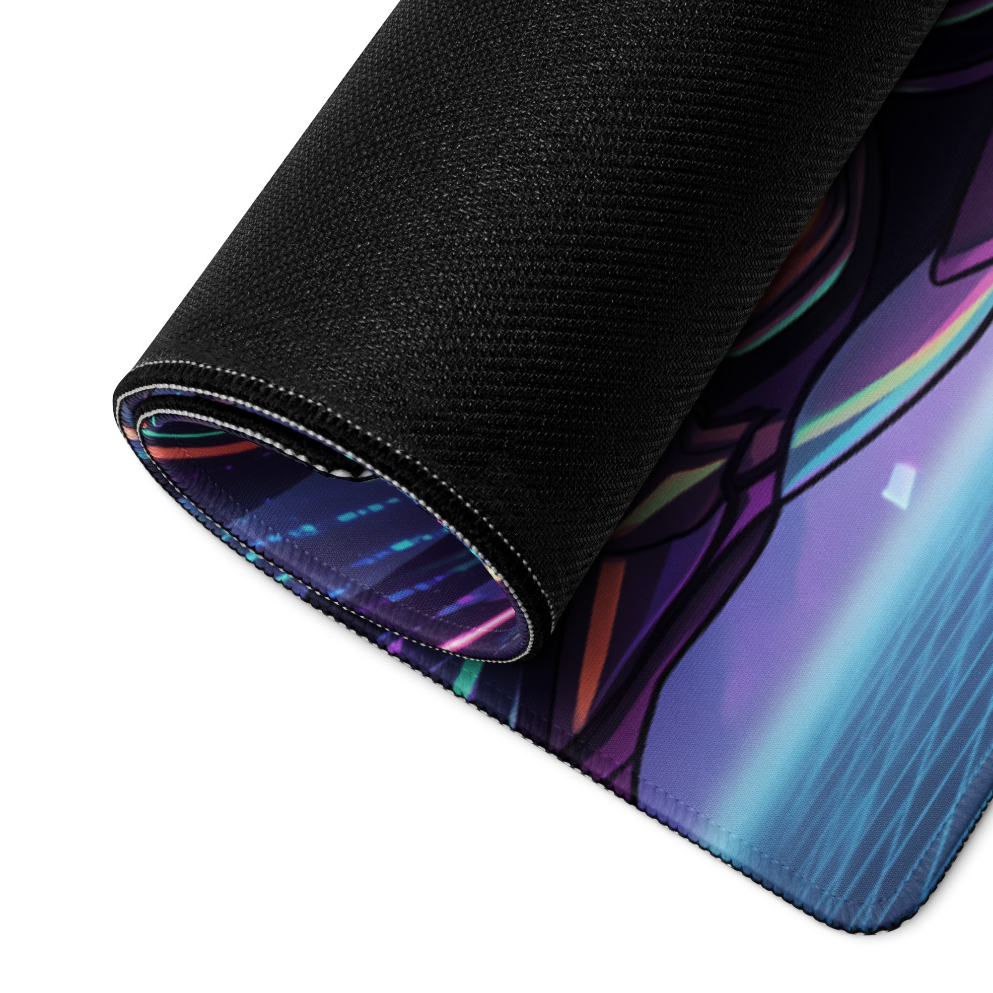A rolled-up black gaming mouse pad featuring a vibrant vaporwave neon goddess anime illustration in purple and blue hues