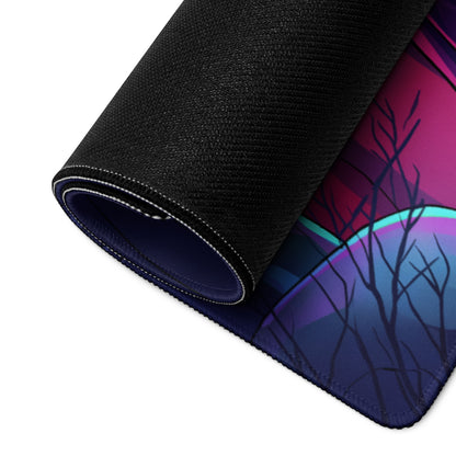 Rolled-up black gaming mousepad with vibrant vaporwave neon sunset design featuring silhouetted trees in pink purple blue