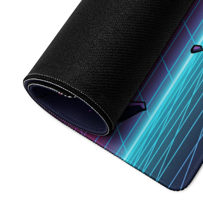 A rolled-up neon vaporwave galaxy mouse pad with neon blue and purple gradient glowing lines black textured edges and white stitching