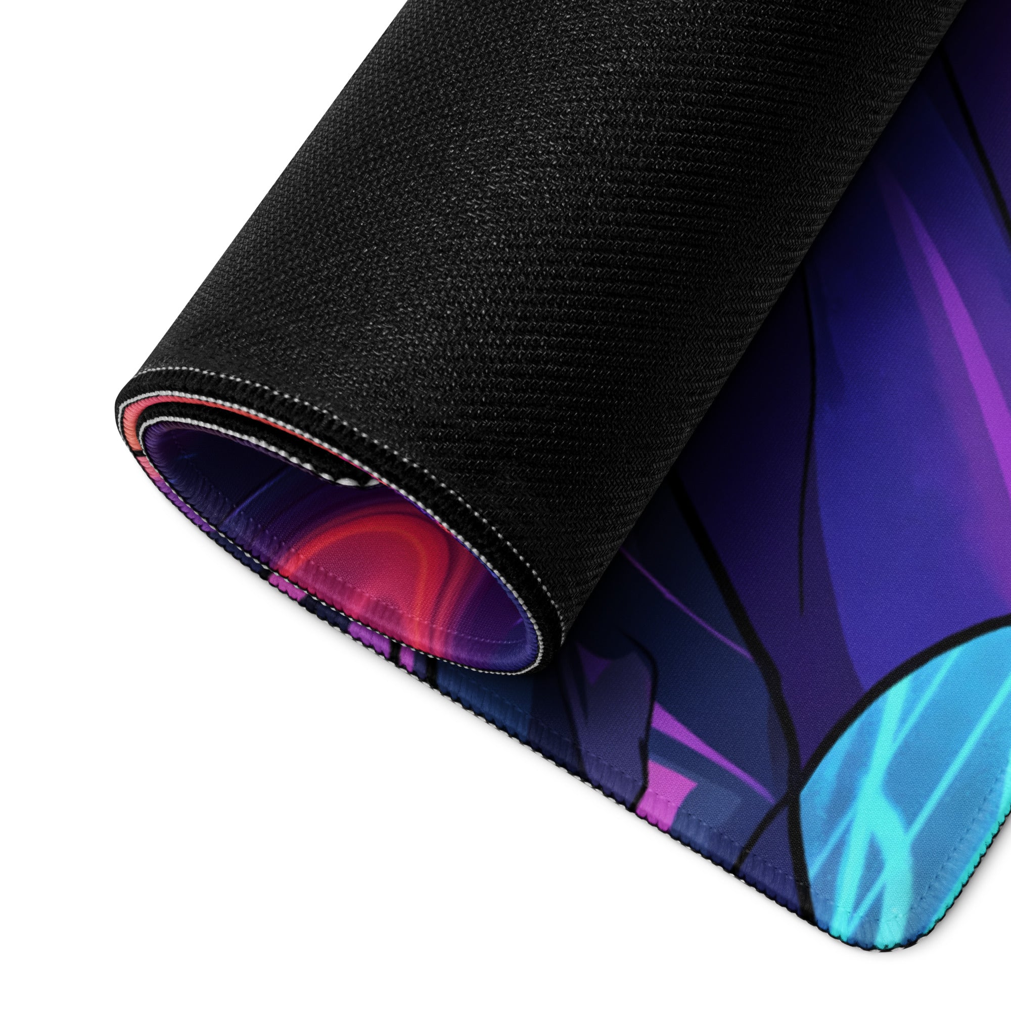 A rolled-up neon ninja vaporwave gaming mousepad with vibrant purple blue and red abstract digital art design