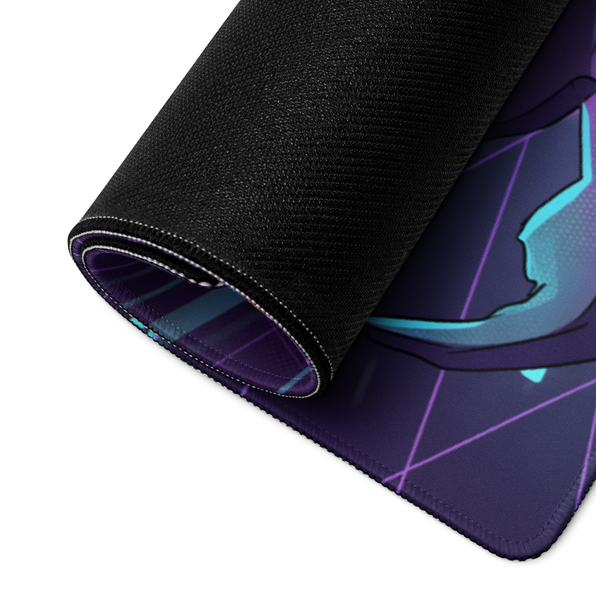 A rolled-up black gaming mousepad with a vibrant neon vaporwave dragon anime design in cyan and purple accents