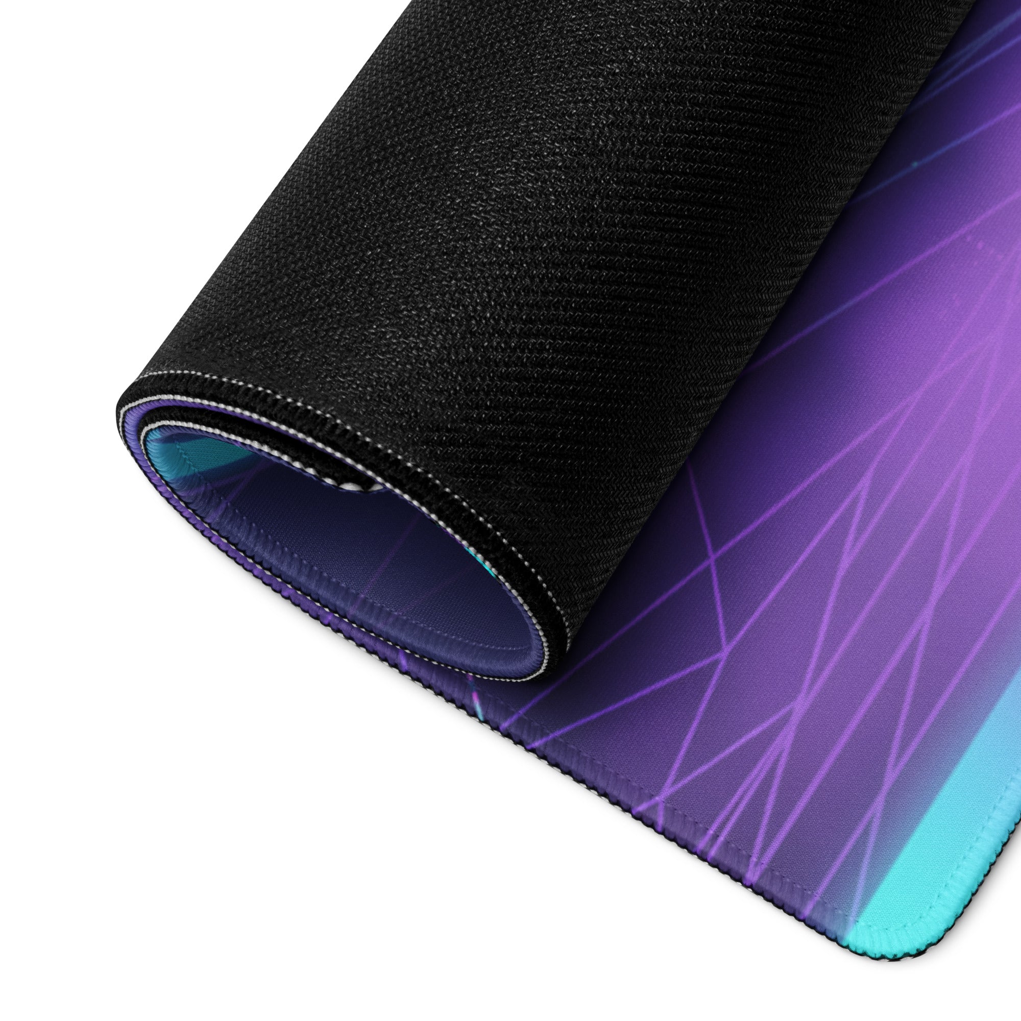 A rolled-up neon skeleton samurai gaming mouse pad with a purple to blue gradient and black textured edge