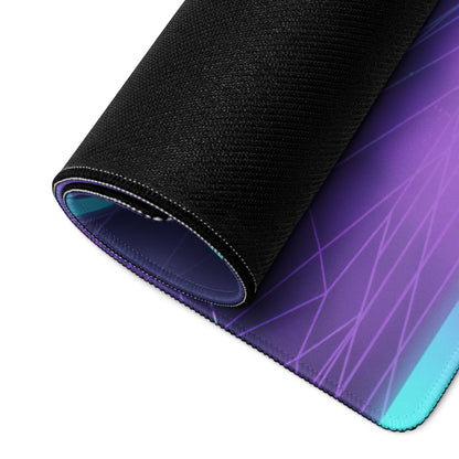 A rolled-up neon skeleton samurai gaming mouse pad with a purple to blue gradient and black textured edge