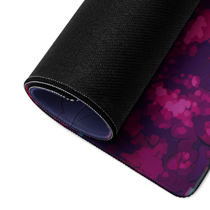Rolled-up vaporwave neon goddess gaming mousepad with vibrant purple pink floral design and black textured outer layer