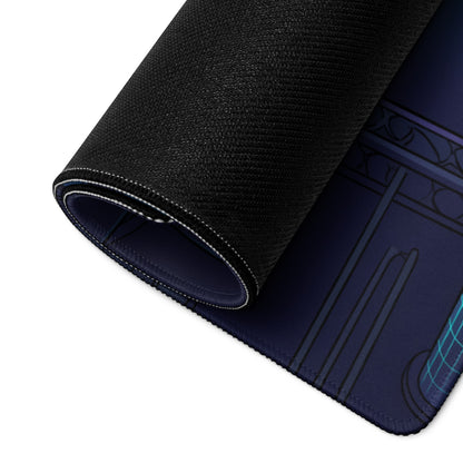 Black textured mousepad with navy blue surface featuring geometric and architectural designs in dark gray and teal accents