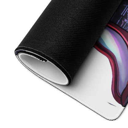 Black and white gaming mousepad featuring a vibrant vaporwave geisha neon anime-style illustration on the surface