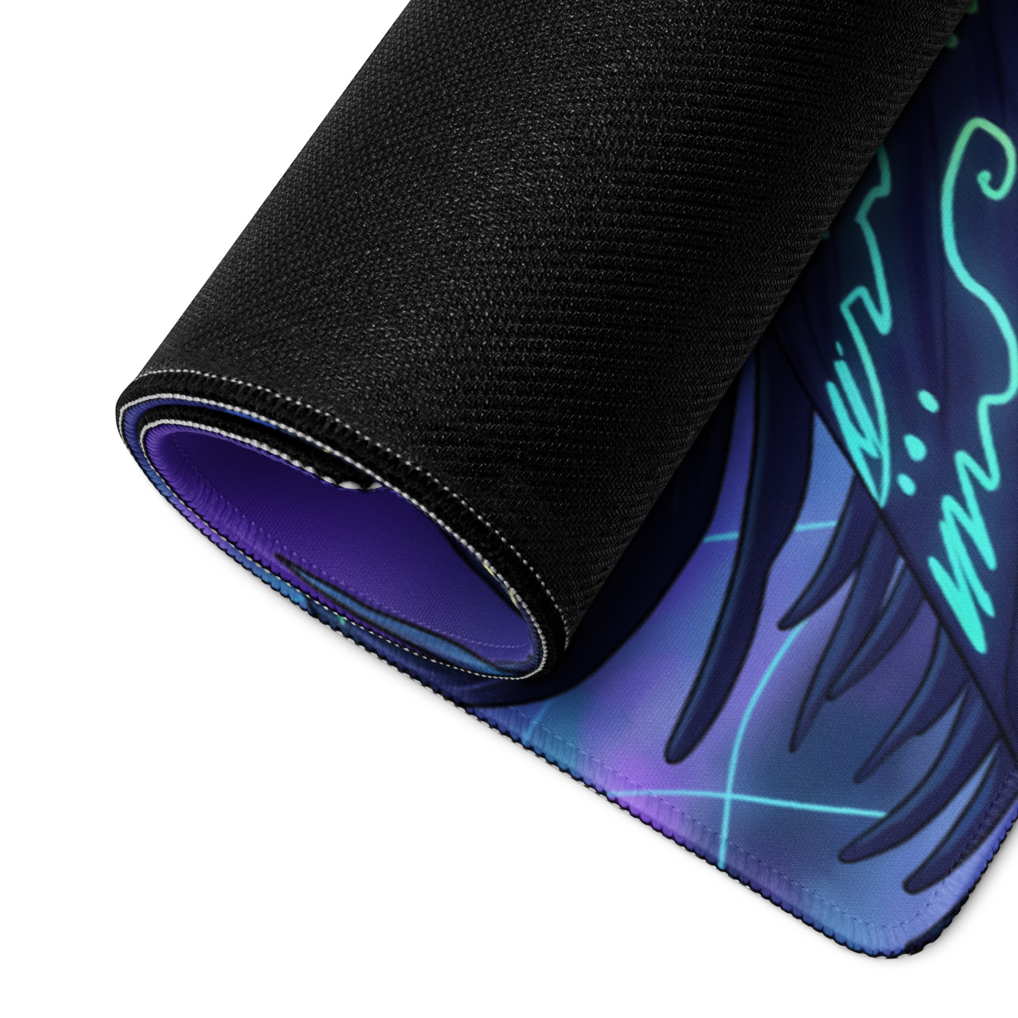 A rolled-up neon dragon vaporwave desk pad with black textured outer layer and purple blue teal wing gradient artwork