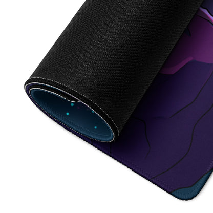 A rolled-up black gaming mousepad featuring a vibrant purple and teal vaporwave neon dragon design for desk use