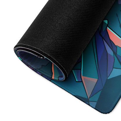 A rolled-up neon void vaporwave gaming mouse pad with teal blue geometric design and orange highlights