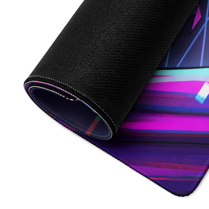 A rolled-up black gaming mousepad with neon pink and purple diagonal stripes for vaporwave cyber gaming setups