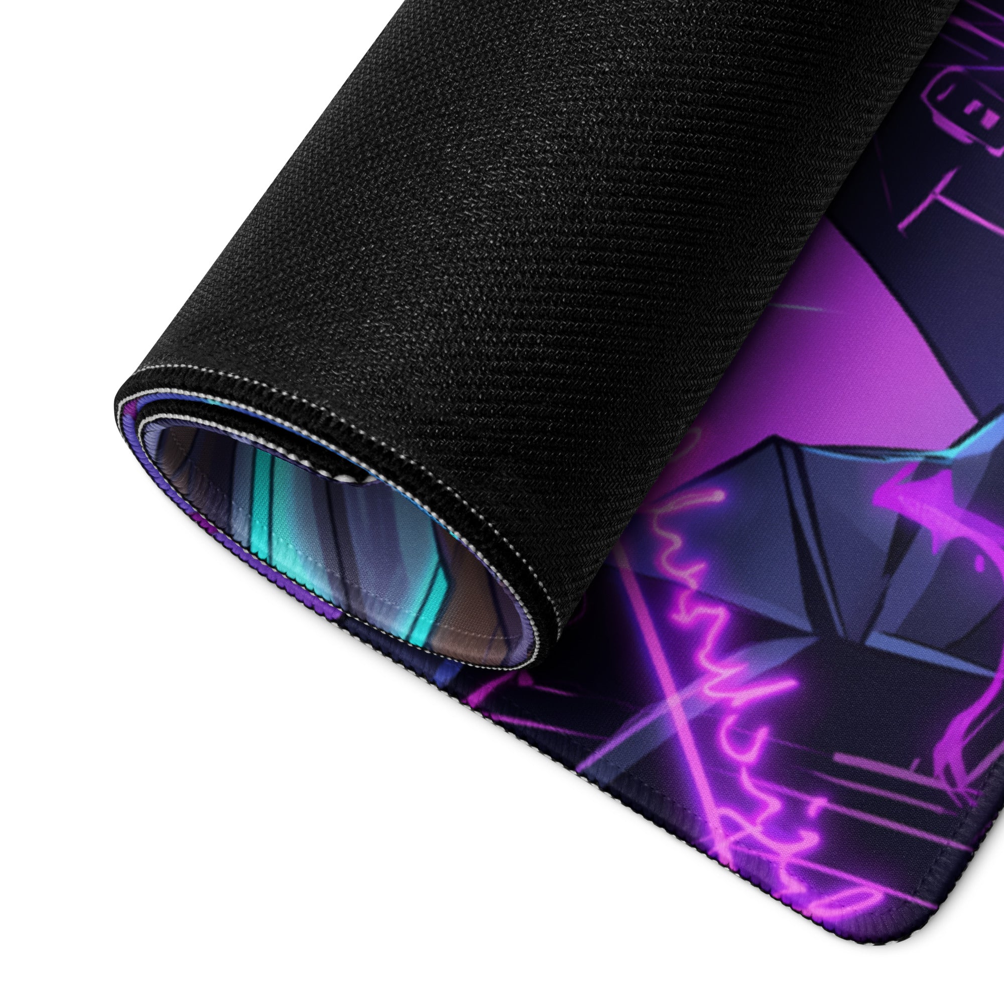 A rolled-up black gaming mousepad with vibrant purple and teal neon cyberpunk geometric design for desk use