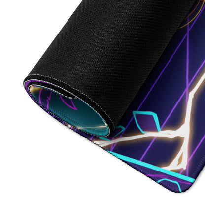 A rolled-up vaporwave wizard neon console mat with a black textured surface and vibrant purple blue geometric patterns
