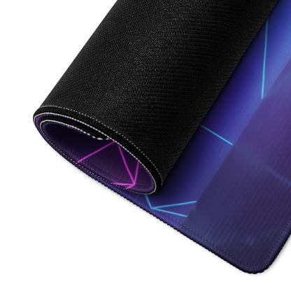 A rolled-up black gaming mousepad featuring a neon vaporwave purple pink blue geometric design for anime gamers