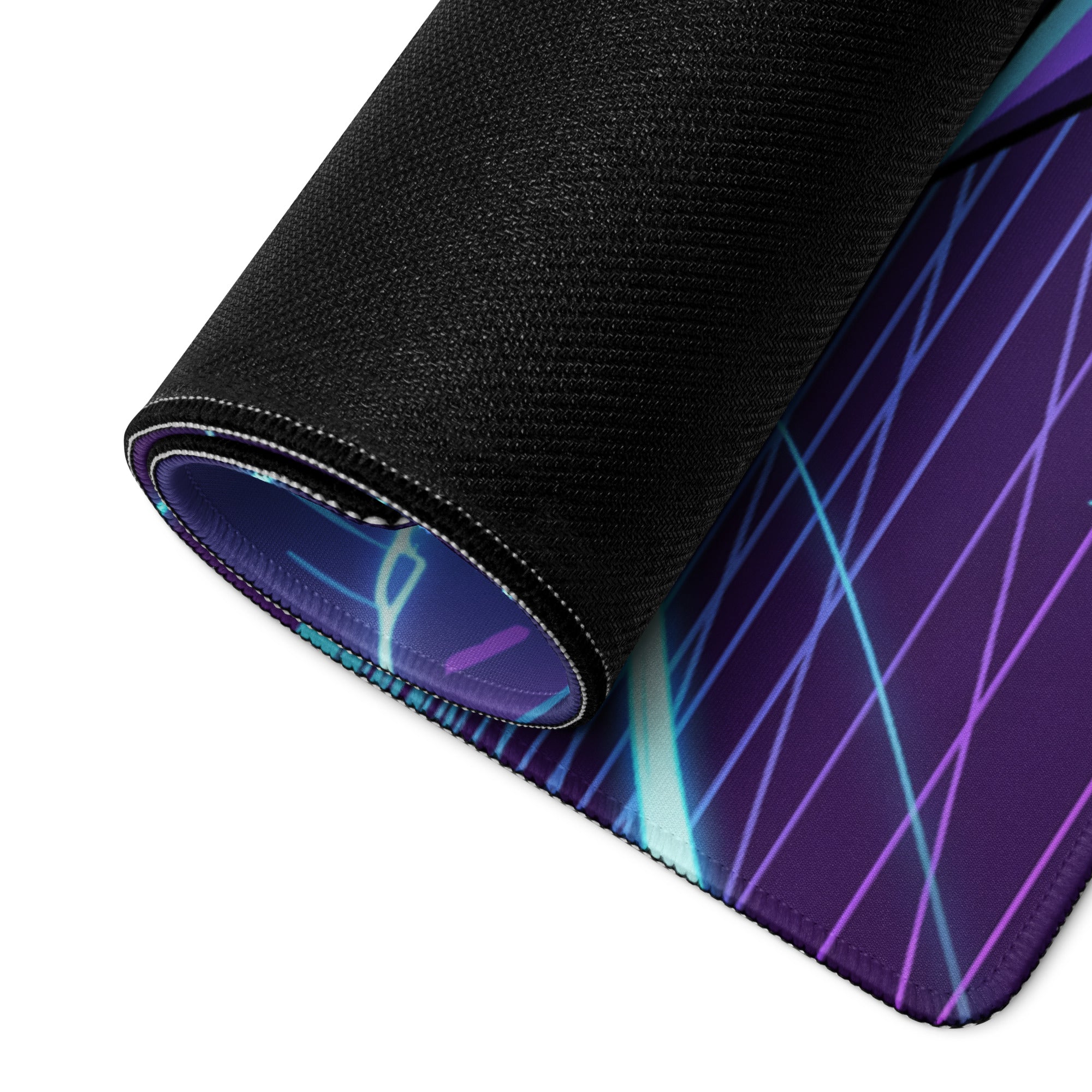 A rolled-up vaporwave neon night mouse pad with purple and blue neon grid design and black fabric edges for gaming