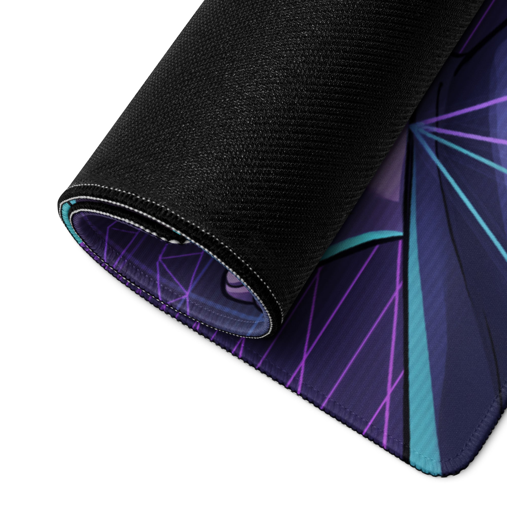 A rolled-up black mousepad featuring a vibrant purple and teal geometric vaporwave anime design for gaming use