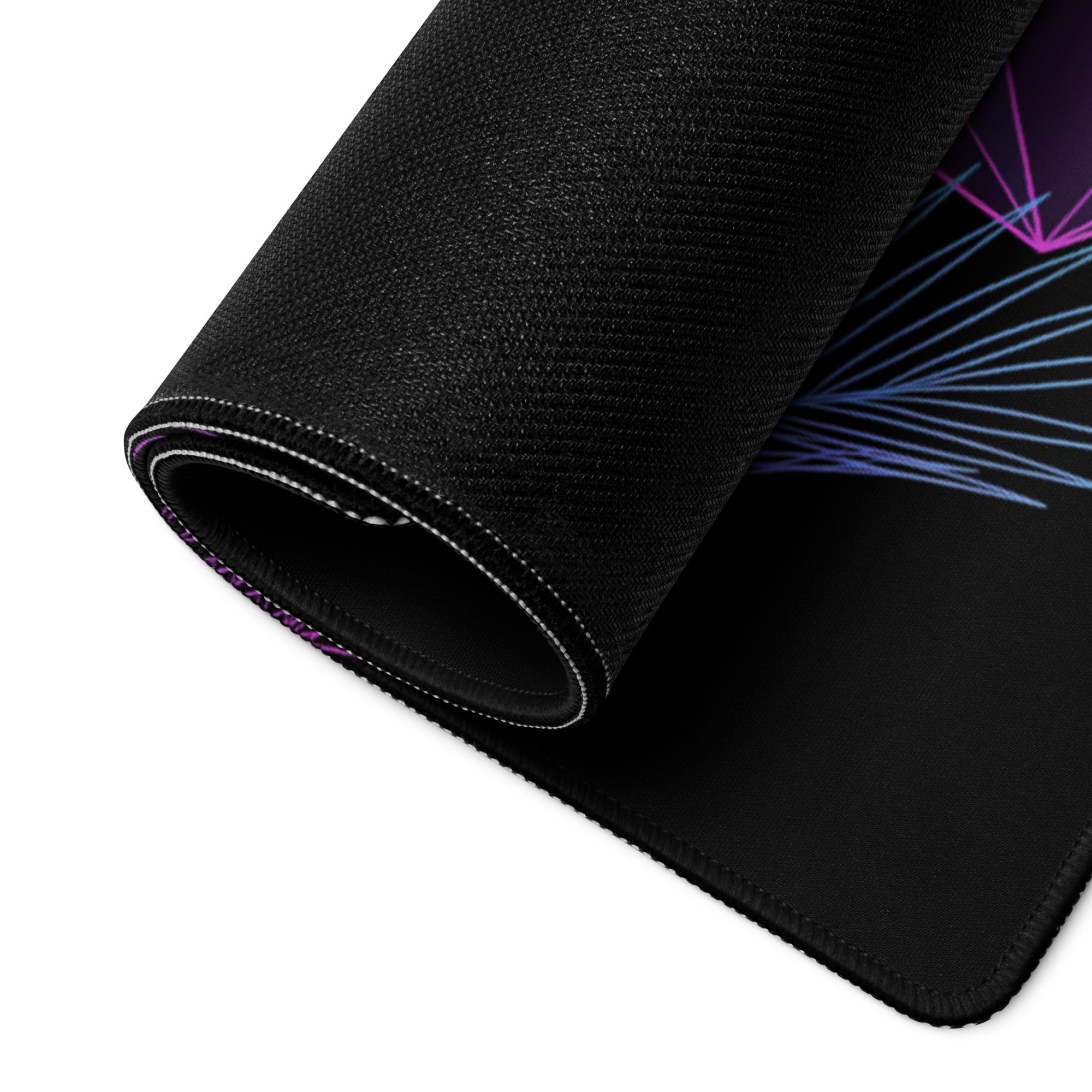 Black gaming mousepad with textured surface and neon purple blue geometric patterns for vaporwave gaming setup