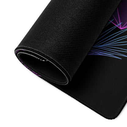 Black gaming mousepad with textured surface and neon purple blue geometric patterns for vaporwave gaming setup
