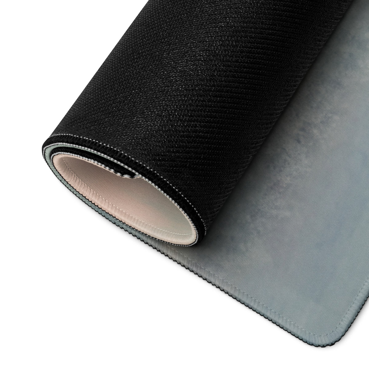 Black and gray textured Mazda RX-7 inspired vintage red FD frontal desk mat with stitched edge and soft inner lining rolled partially