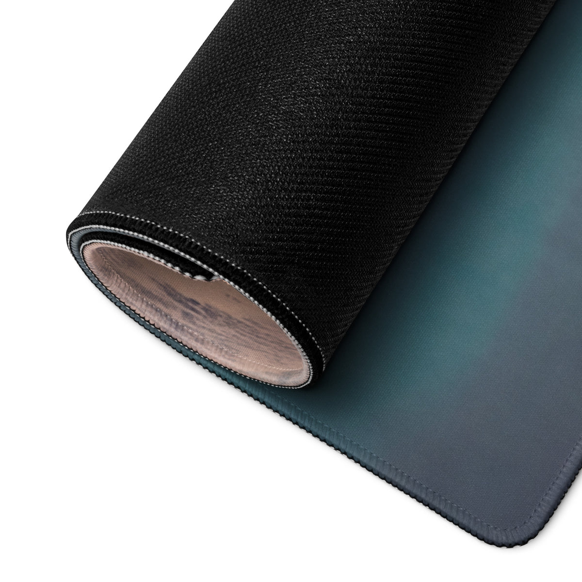Black textured mousepad with gradient teal to dark blue surface and stitched edges for porsche 911 gt3 inspired desk pad