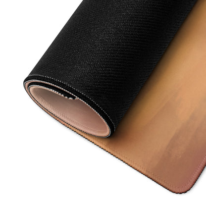 Black textured outer layer with tan leather interior rolled display of McLaren Senna inspired papaya sunset desk mat