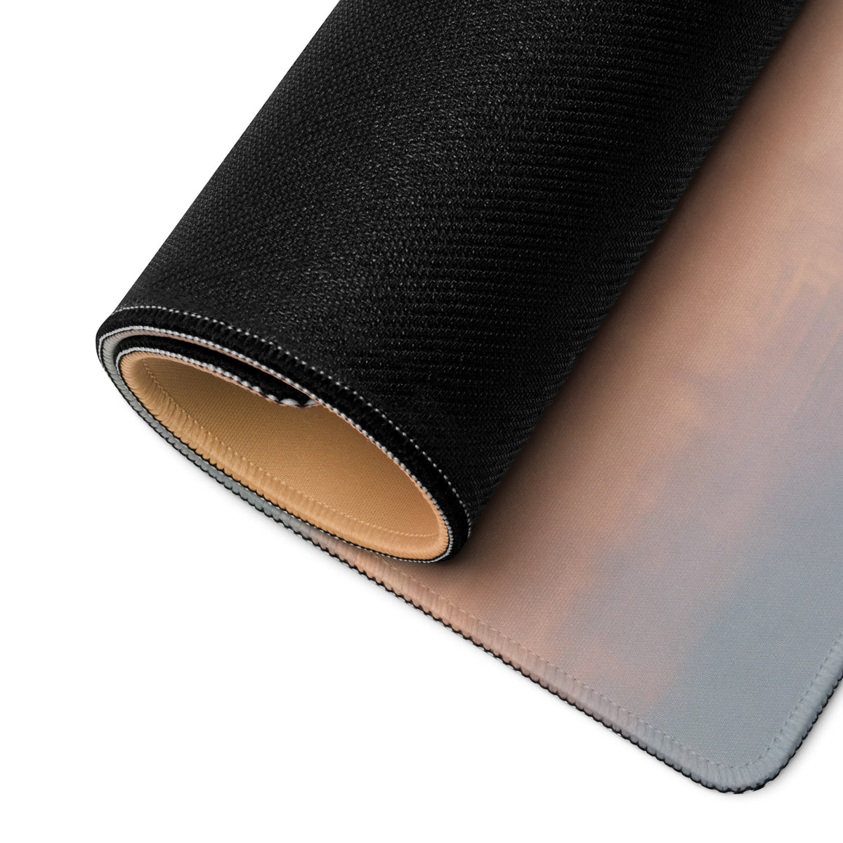 Black textured low-friction cloth McLaren P1 inspired solar flare desk mat with gradient beige to gray stitched backside