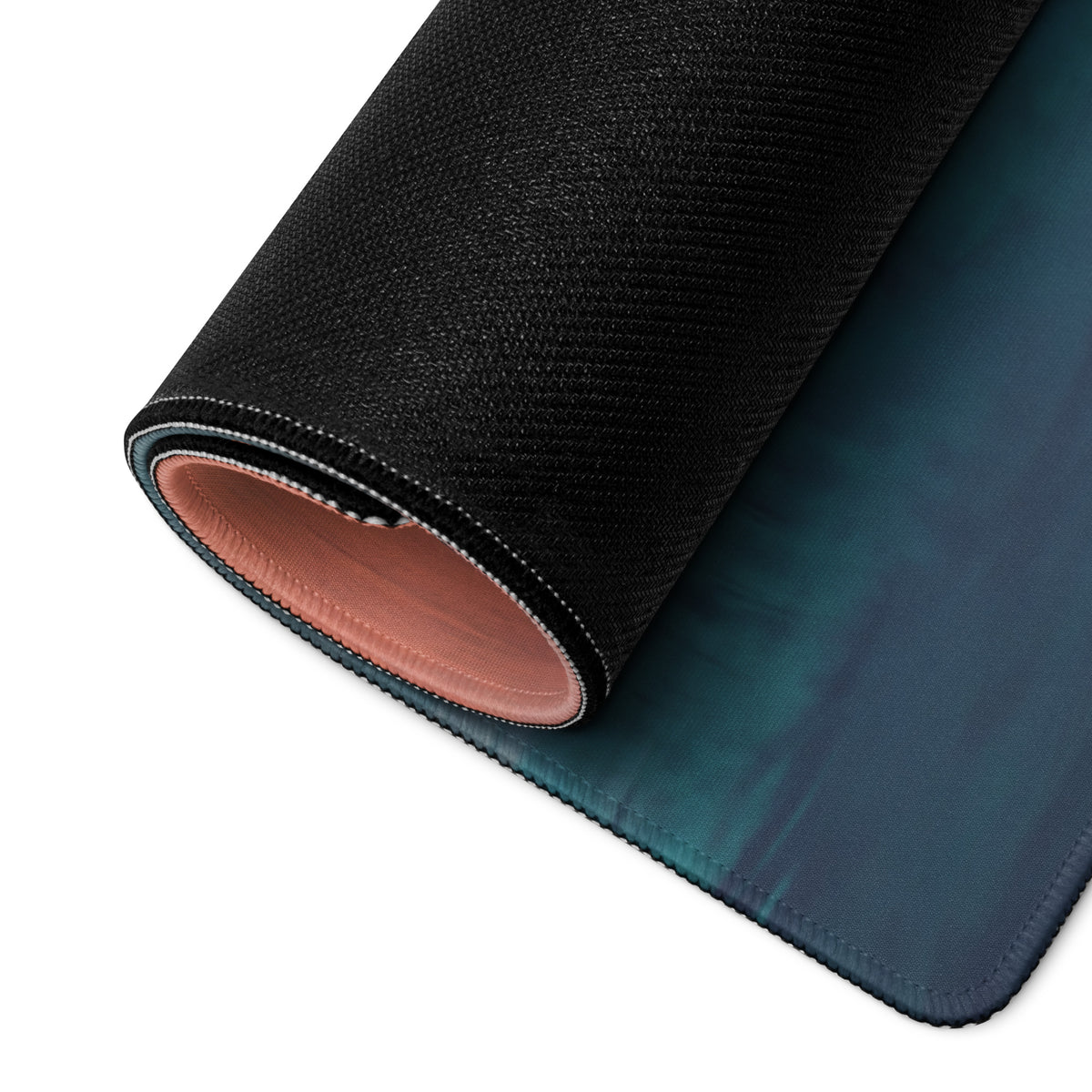 Lamborghini Revuelto inspired giallo electra desk pad with black teal gradient textured outer surface and pink inner lining