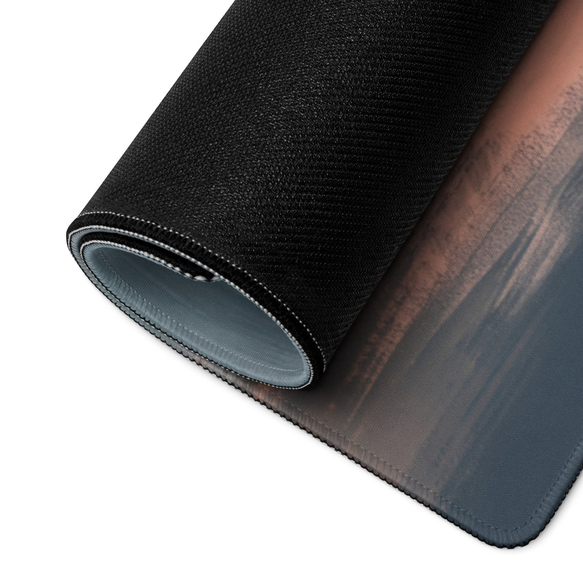 Porsche mission r inspired rosso white livery desk mat black textured mousepad with gradient earth tones and stitched edges