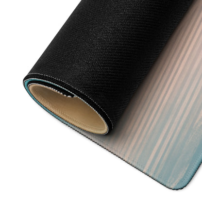 Black textured mousepad with stitched edges and subtle blue beige gradient underside for non slip use