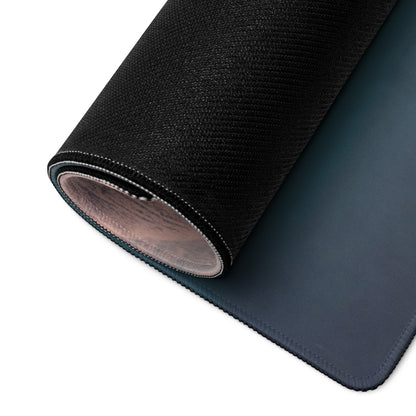 Black textured mclaren senna inspired carbon stealth desk mat with subtle blue gradient underside and stitched edges