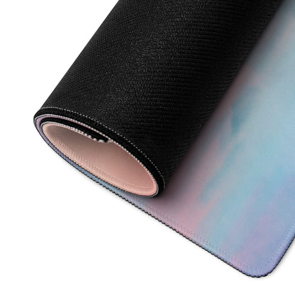 Concept motorcycle extended desk pad rolled-up with gradient iridescent pink to blue surface and stitched edges