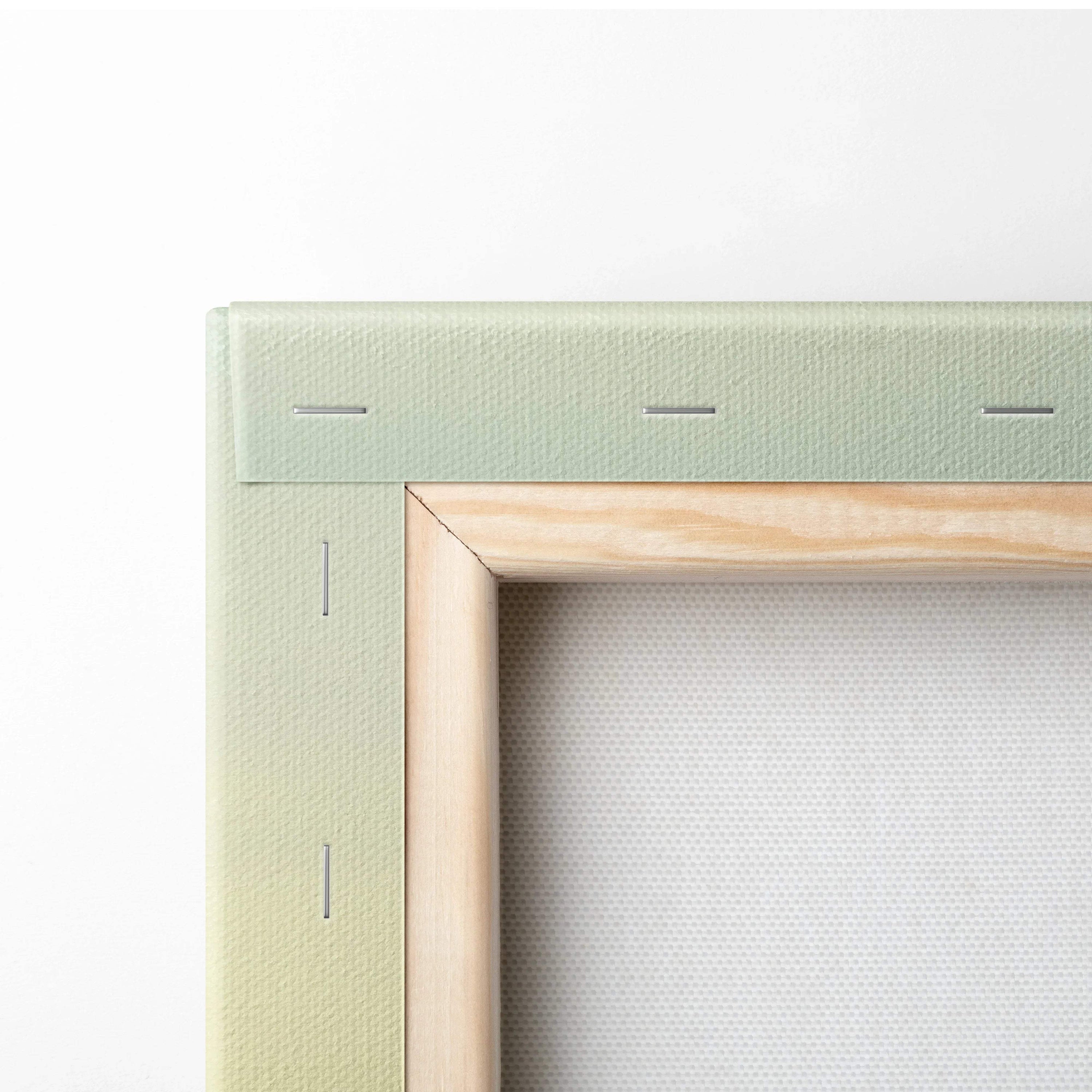 Light green canvas frame with wood border and cinematic mountain sunrise art