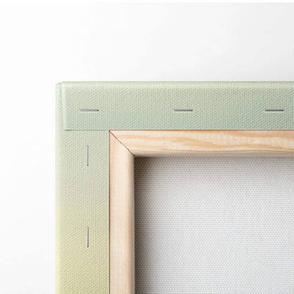 Light green canvas frame with wood border and cinematic mountain sunrise art