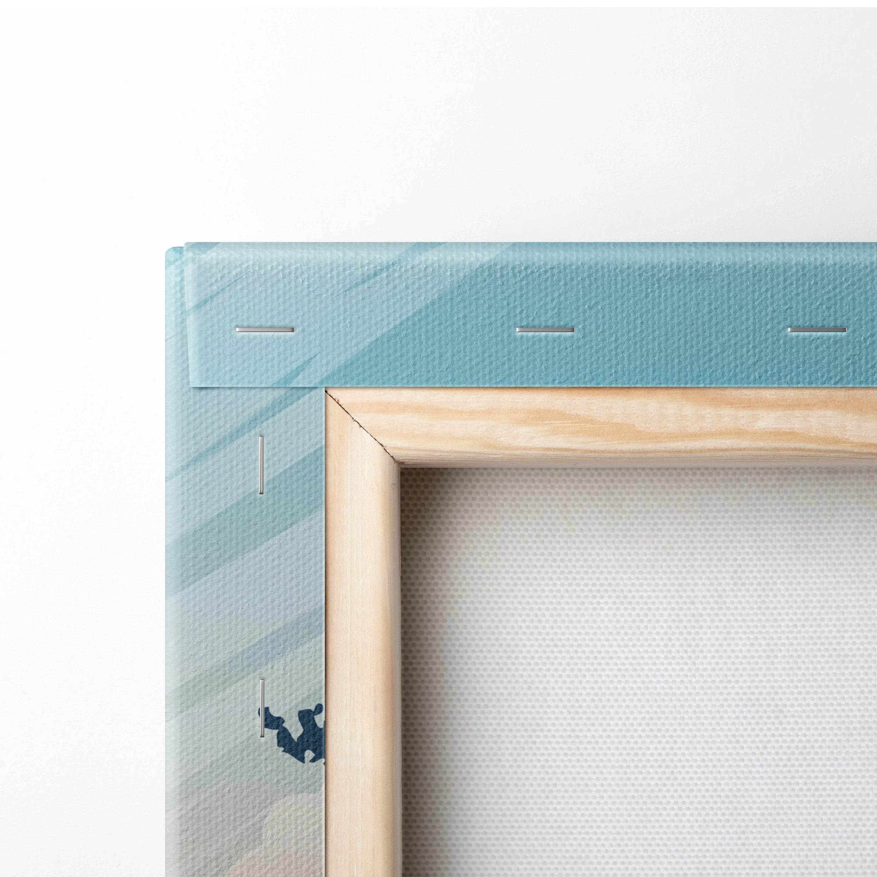 Goonies-inspired light blue silhouette canvas of kids on bikes at misty sunset in wooden frame