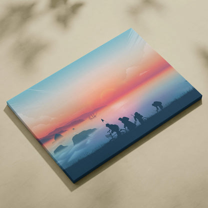 Goonies-inspired kids on bikes silhouette canvas at misty sunset