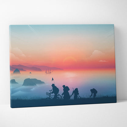 Goonies-inspired kids on bikes silhouette canvas at misty coastline sunset