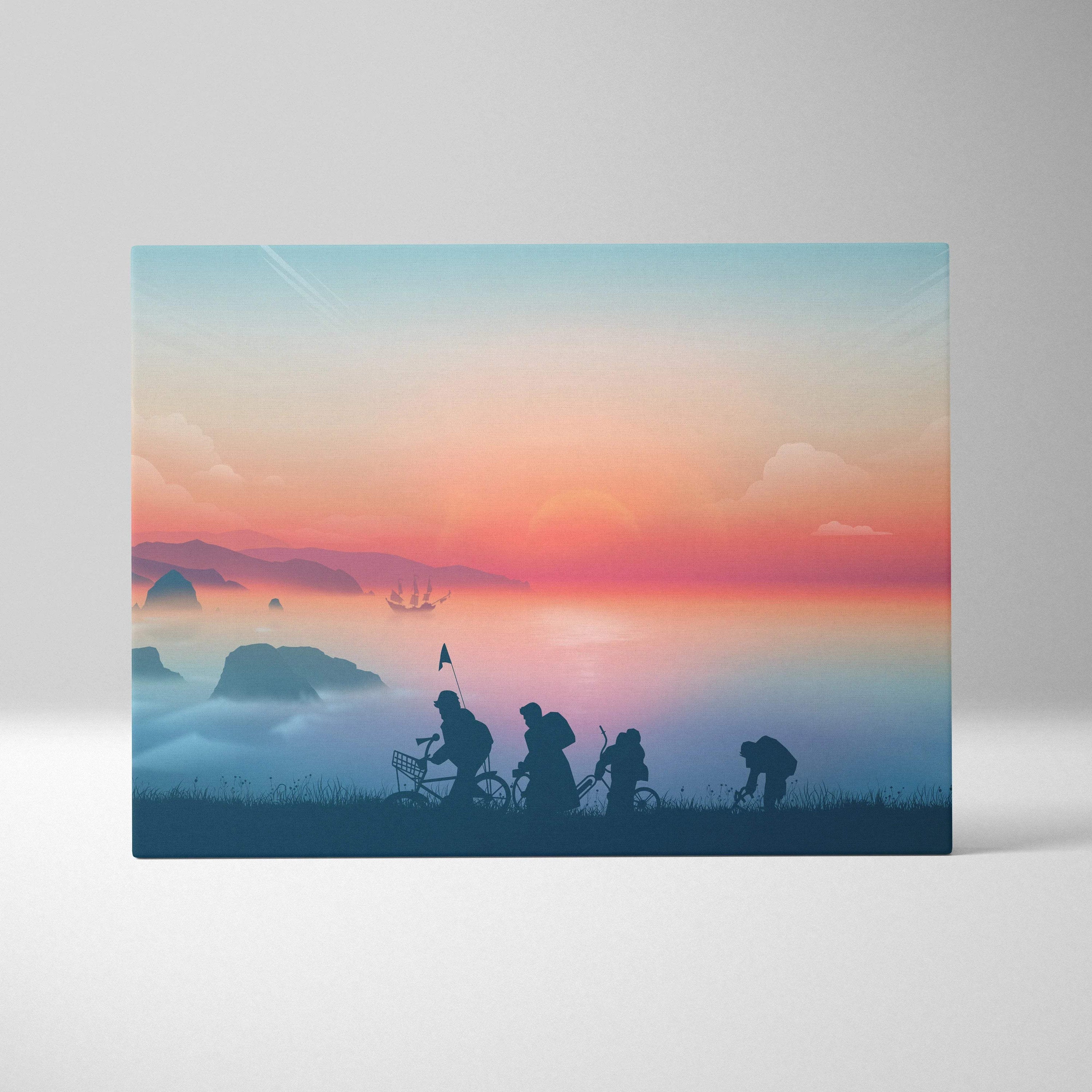 Goonies-inspired silhouette canvas of kids on bikes at misty sunset coastline
