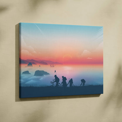 Goonies-inspired kids on bikes silhouette canvas at misty sunset coastline