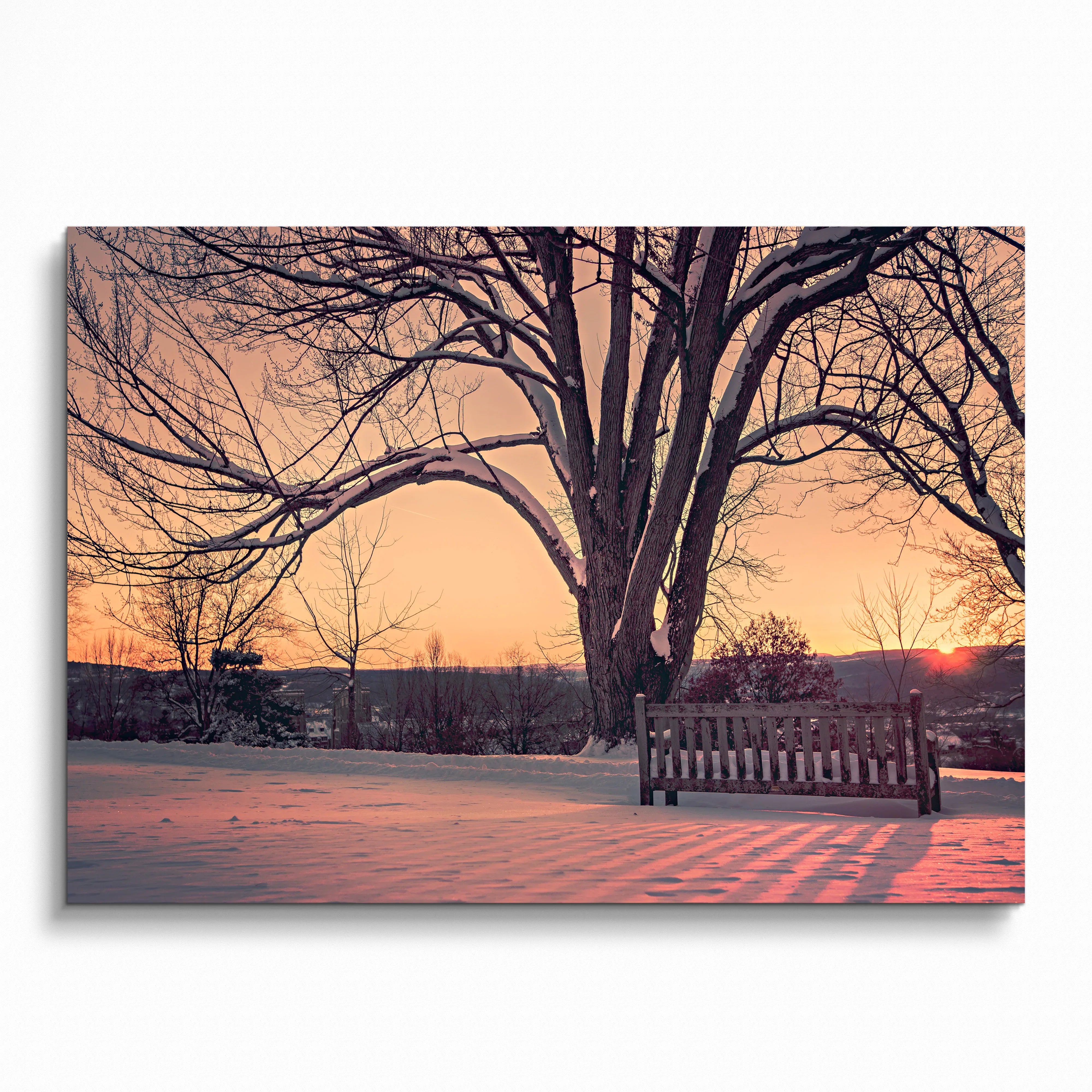 Serene snowy landscape poster with bare tree and wooden fence at sunset wall art.