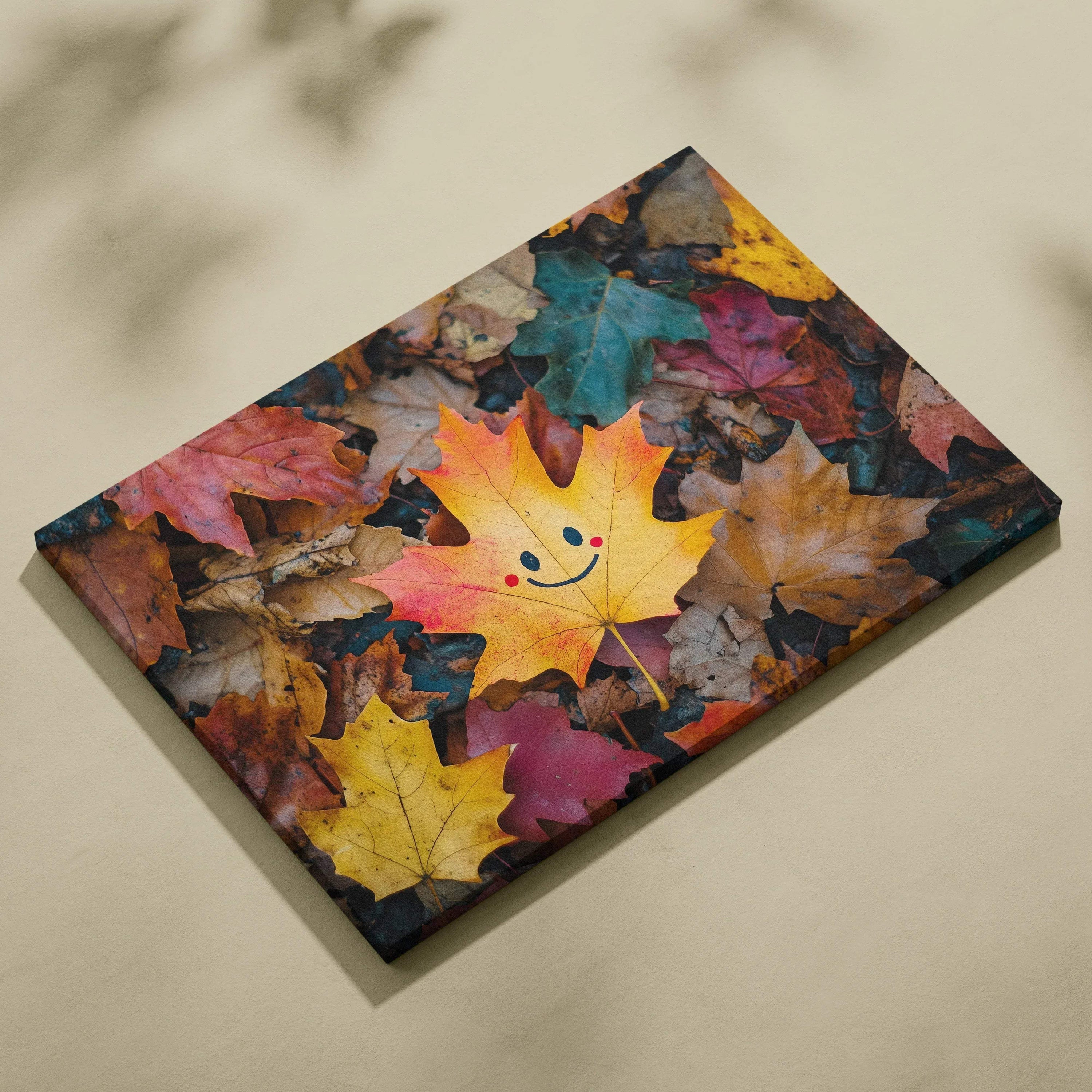 Canvas wall art of colorful autumn leaves with a yellow leaf featuring a happy face emoji.