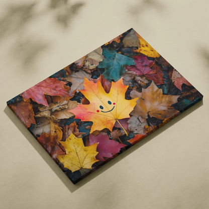 Canvas wall art of colorful autumn leaves with a yellow leaf featuring a happy face emoji.