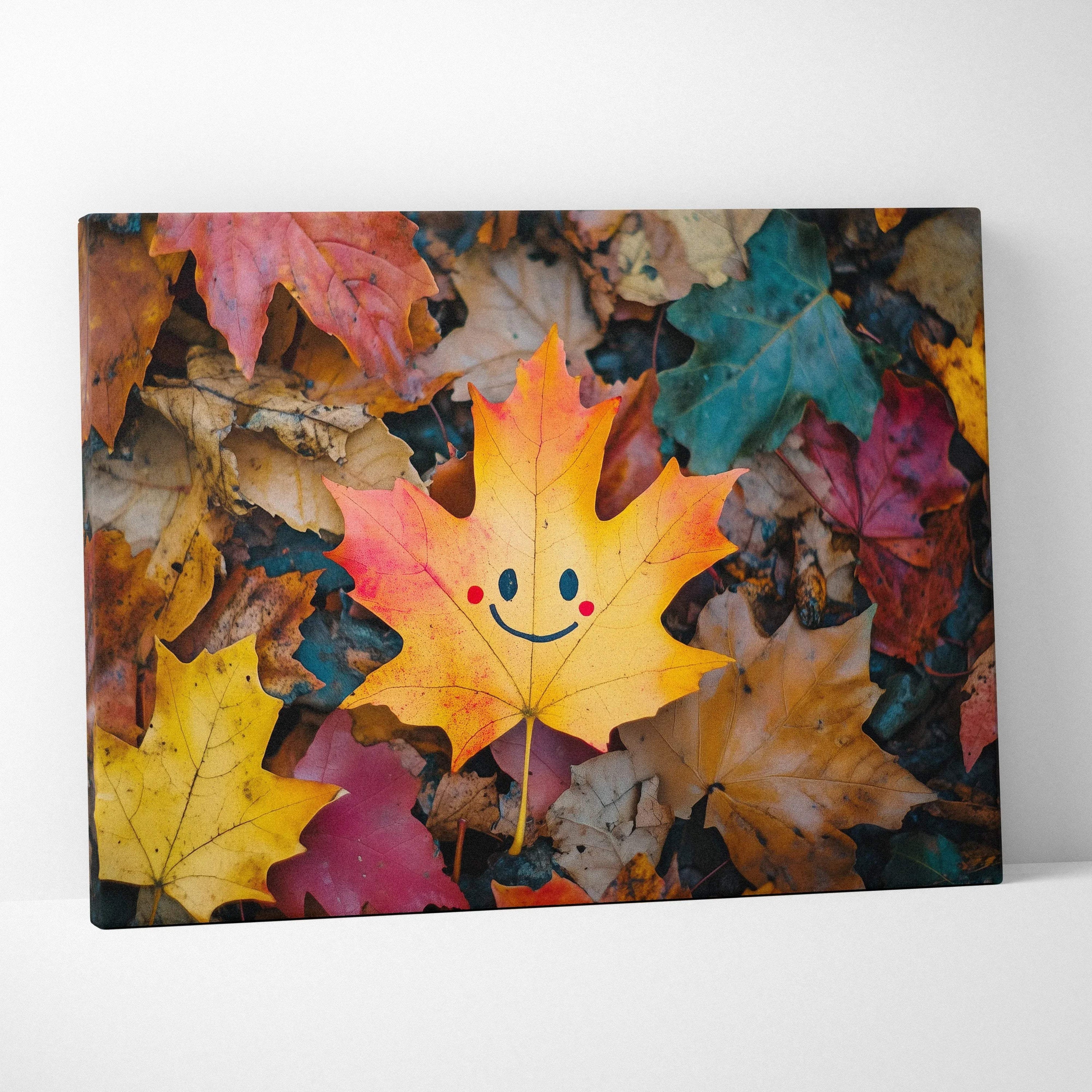 Autumn leaf with a happy face among colorful fallen leaves on canvas wall art.