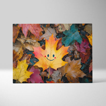 Autumn leaf with a smiling face among colorful fallen leaves canvas wall art print.