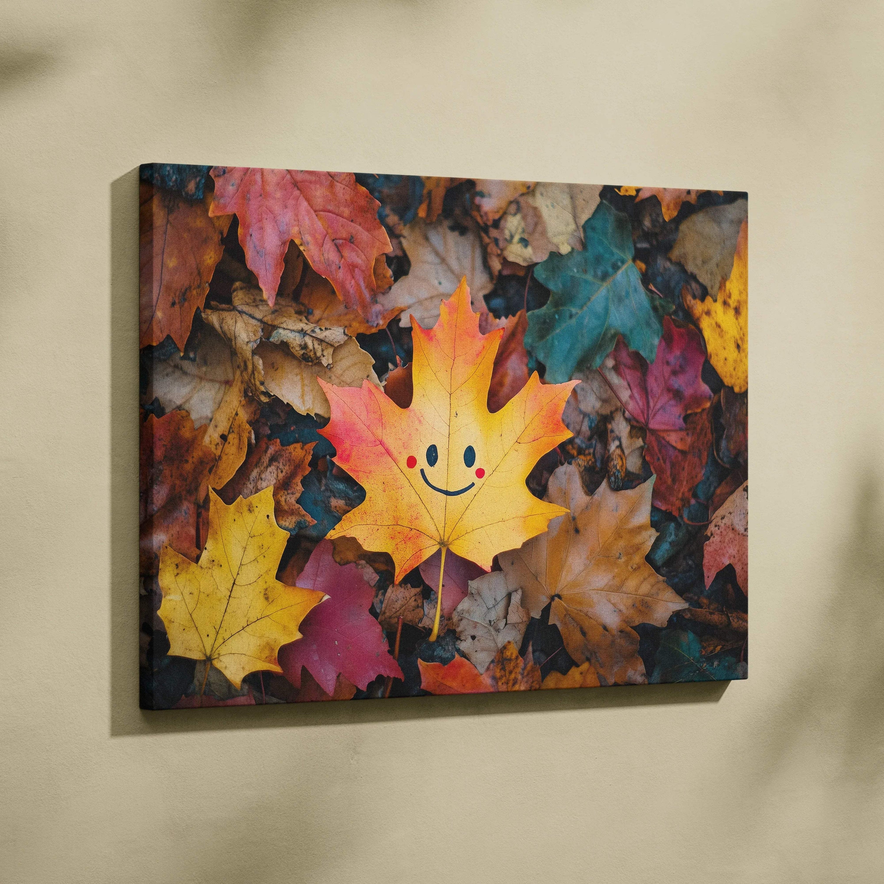 Colorful autumn leaves with a smiling yellow leaf on vibrant canvas wall art print.