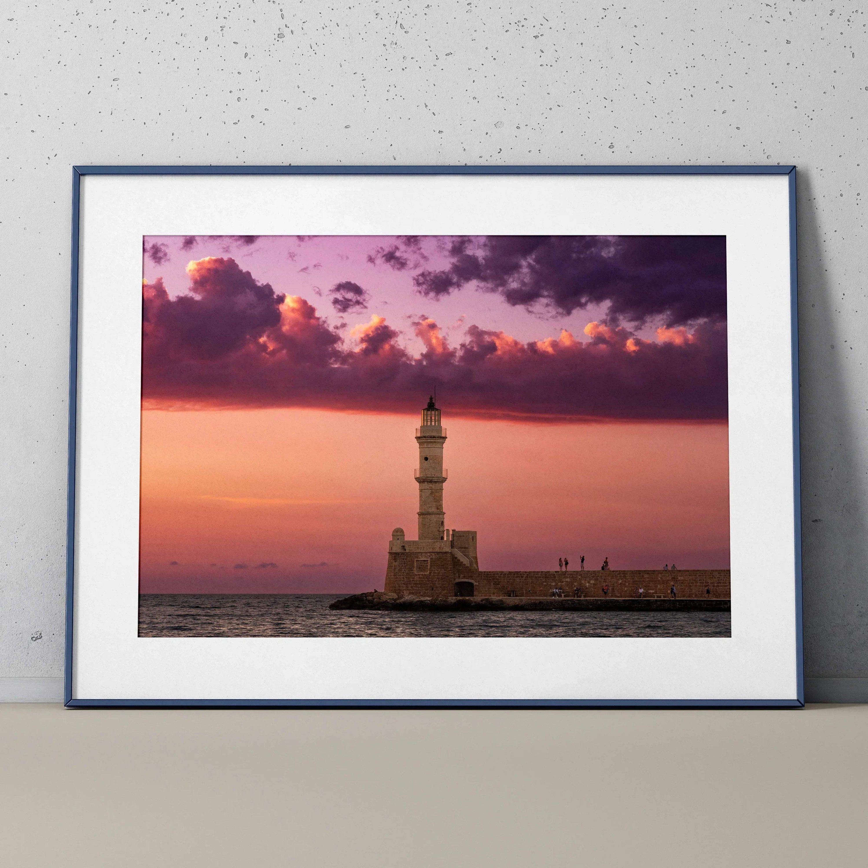 Sunset lighthouse building poster with dramatic purple and orange sky wall art print.