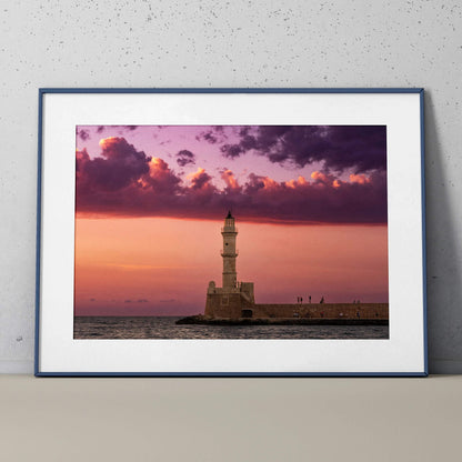 Sunset lighthouse building poster with dramatic purple and orange sky wall art print.