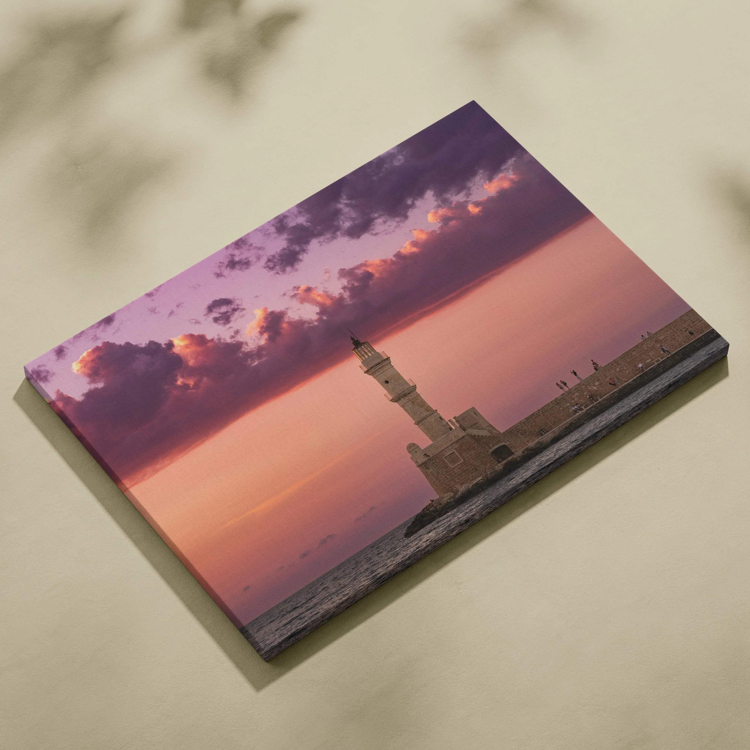 Canvas wall art featuring urban buildings silhouette against a vibrant purple and orange sunset sky.