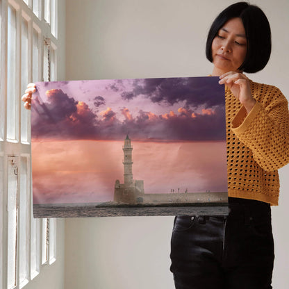 Sunset lighthouse poster wall art with vibrant pink and purple sky tones, perfect home decor.