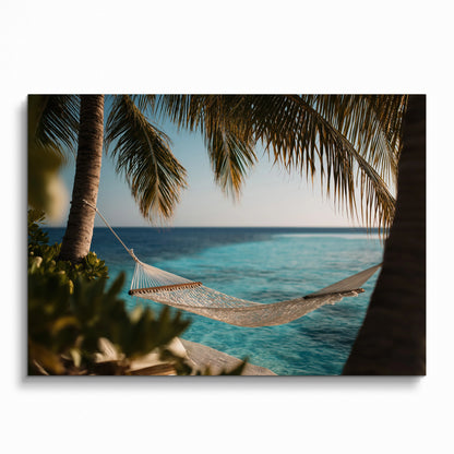 Ocean waves digital art poster with hammock framed by palm trees, serene wall art decor.