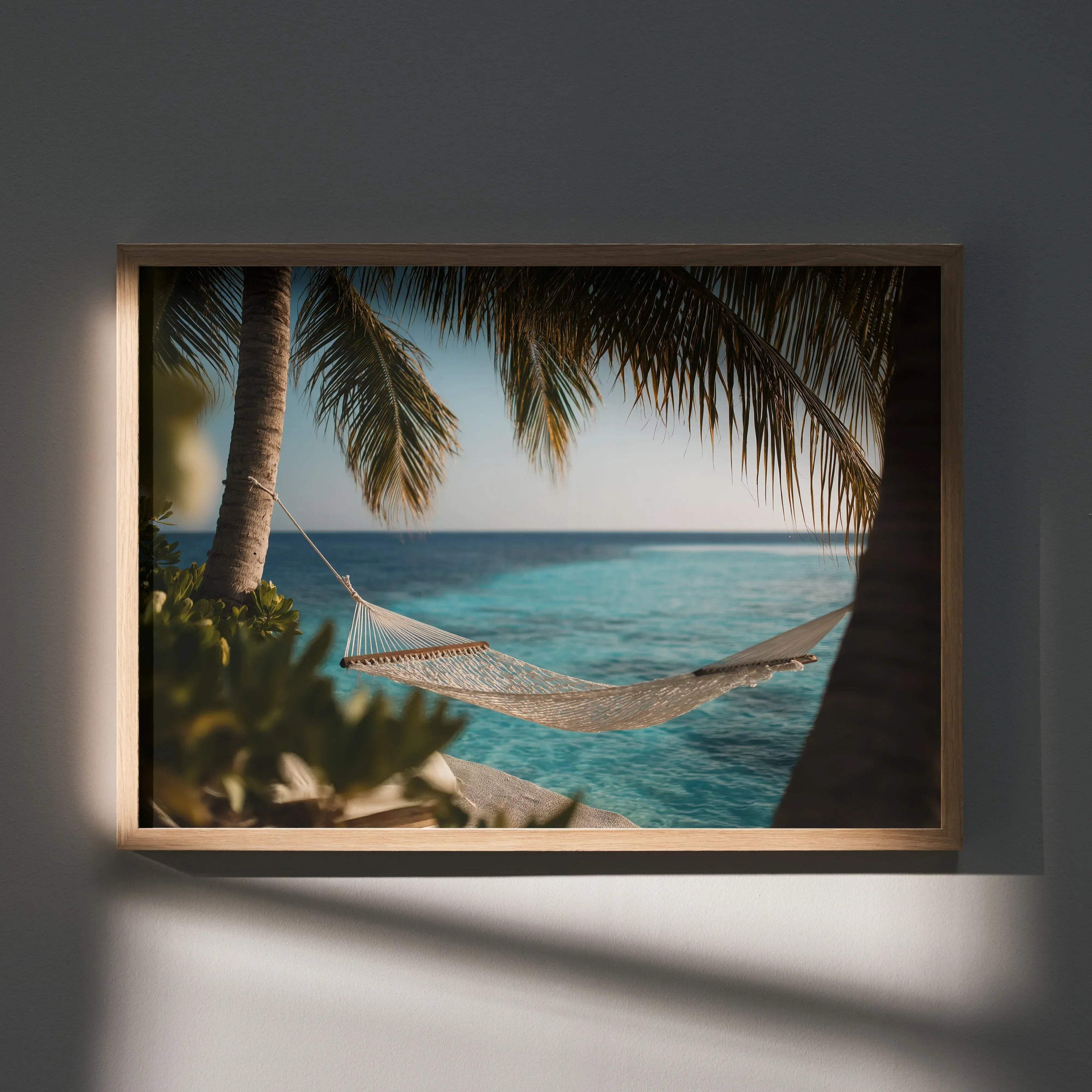 Ocean waves digital art poster with palm trees and a hammock, serene wall art decor.